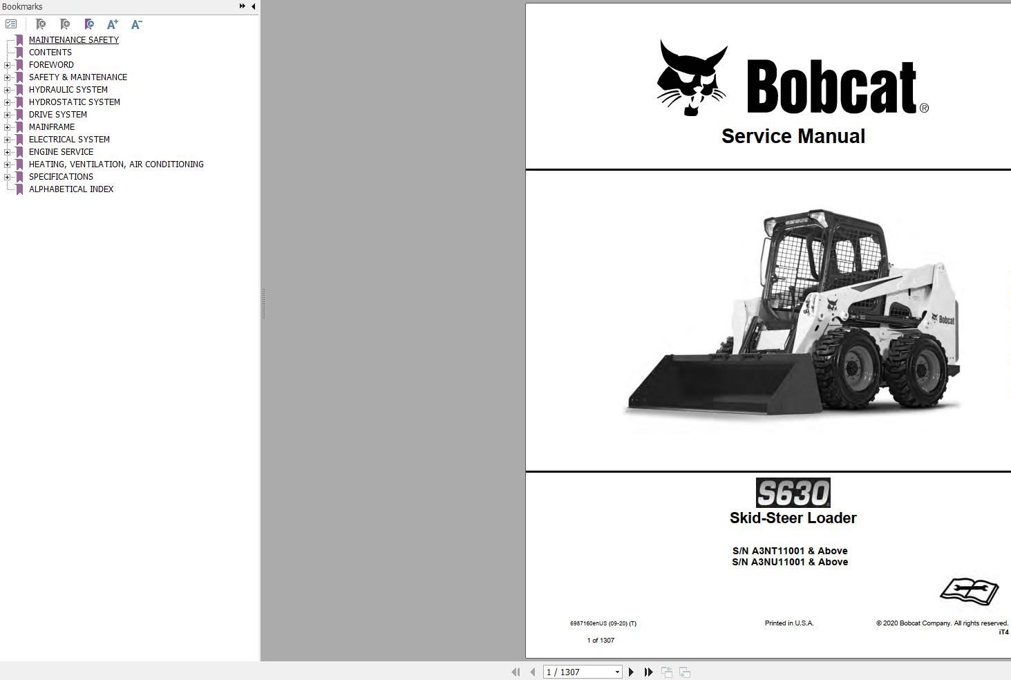 Bobcat SkidSteer Loader S630 Service Manual 2020