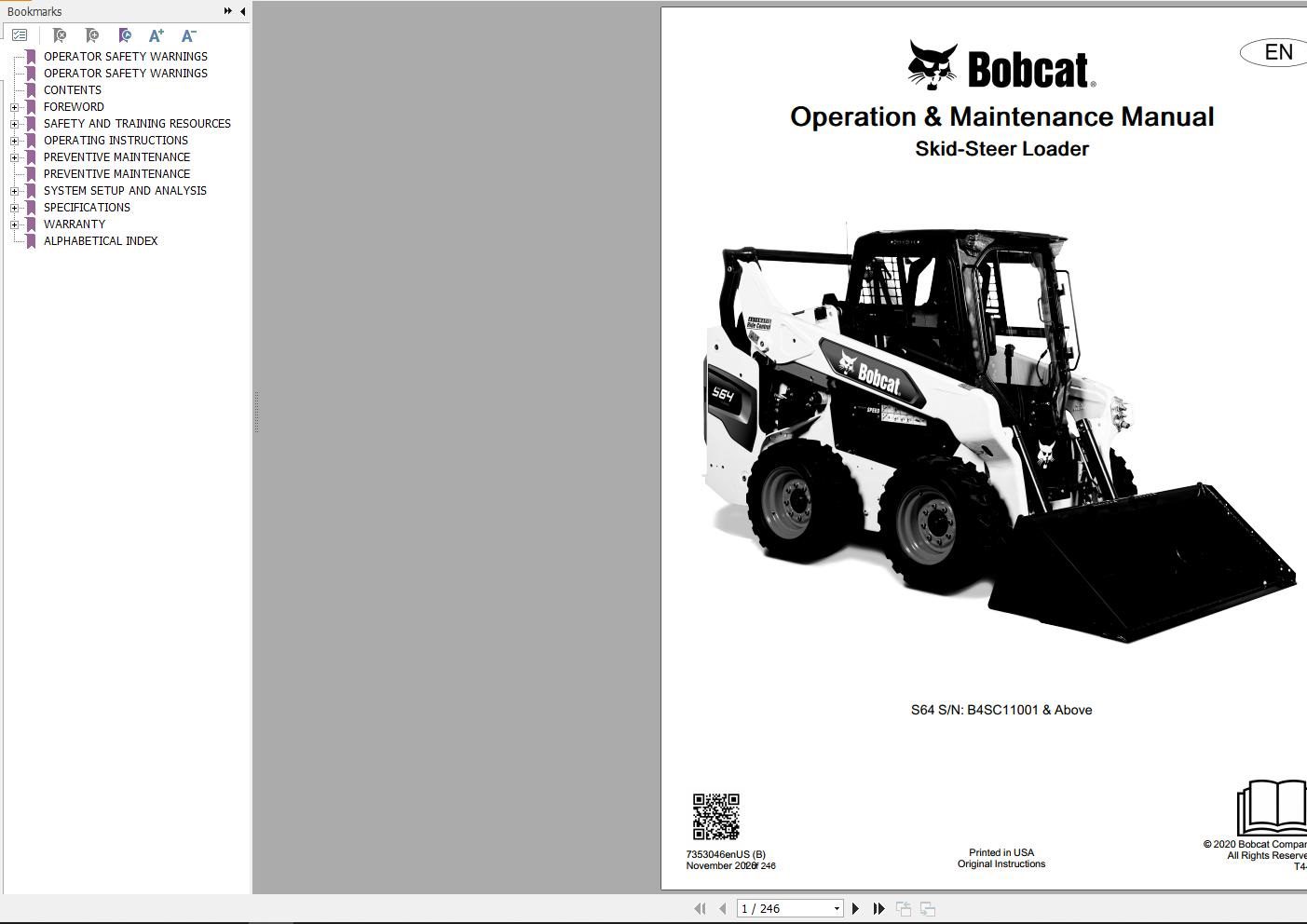Bobcat Skid Steer Loader S64 Operation and Maintenance Manual 7353046 2020
