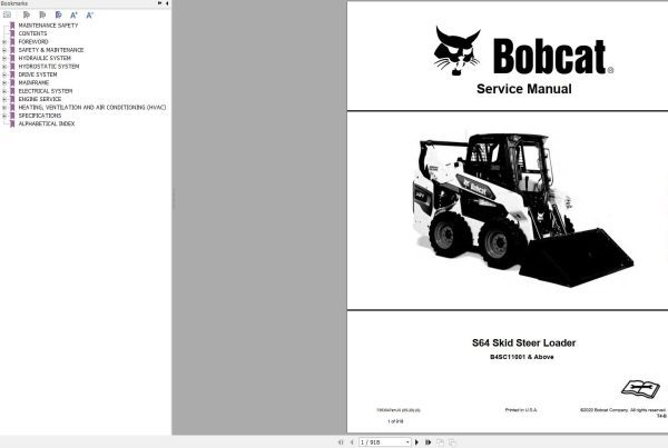 Bobcat Skid Steer Loader S64 Service Manual 7353047 2020