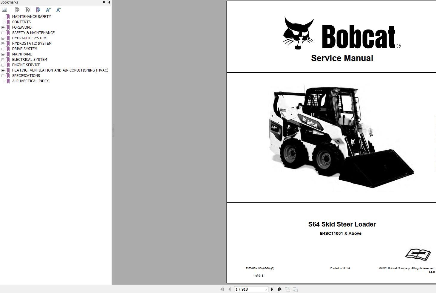 Bobcat Skid Steer Loader S64 Service Manual 7353047 2020