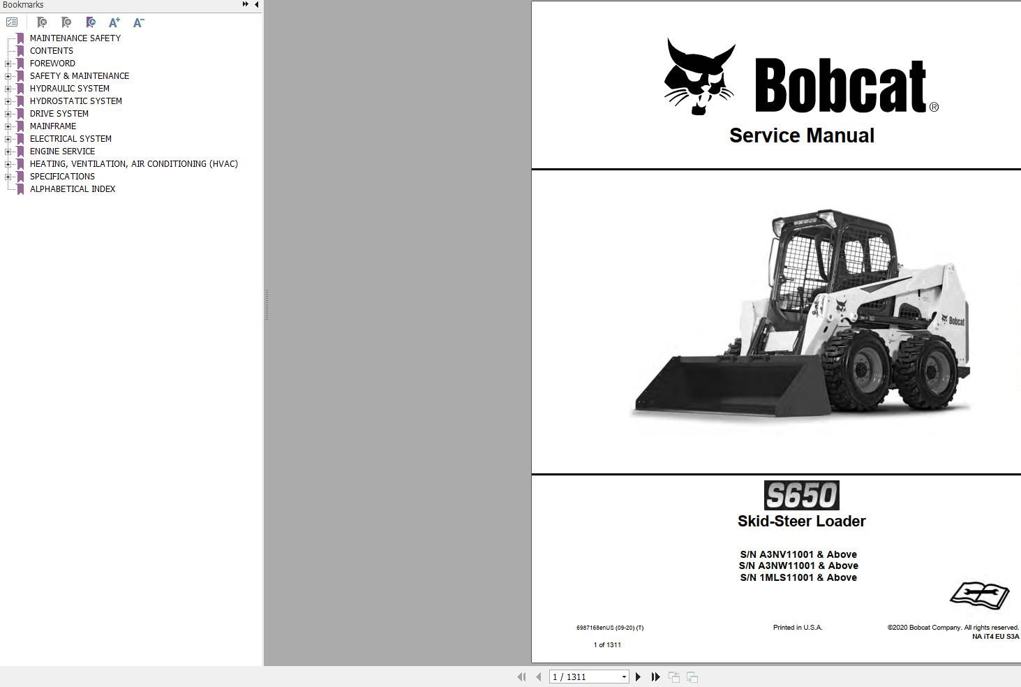 Bobcat Skid Steer Loader S650 Service Manual 2020