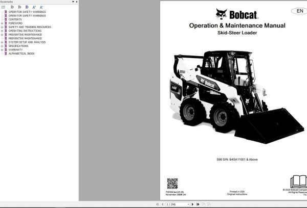 Bobcat Skid Steer Loader S66 Operation and Maintenance manual 2020