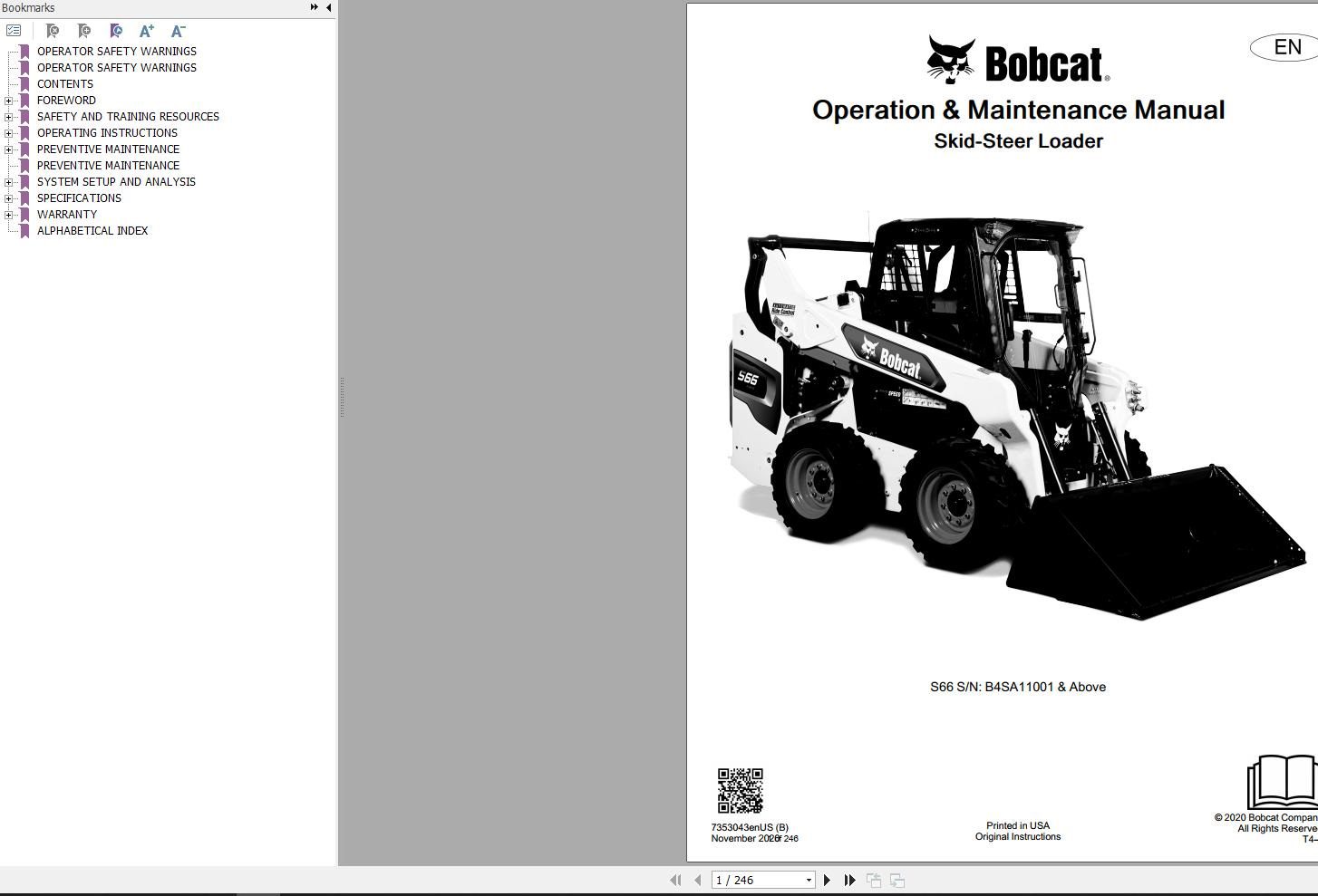 Bobcat Skid Steer Loader S66 Operation and Maintenance manual 2020