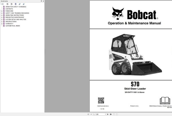 Bobcat Skid Steer Loader S70 Operation and Maintenance Manual 2020