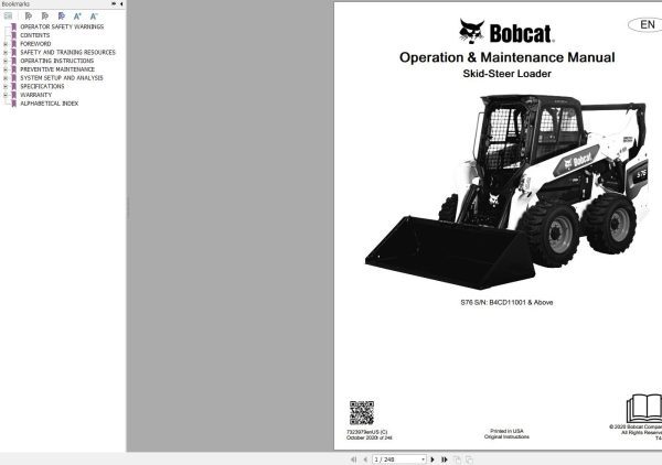 Bobcat Skid Steer Loader S76 Operation and Maintenance Manual 2020