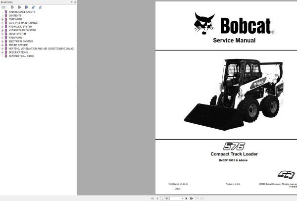 Bobcat Skid Steer Loader S76 Service Manual 2020