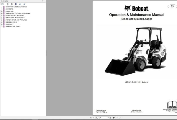 Bobcat Small Articulated Loader L23 Operation and Maintenance Manual 7389392 2020