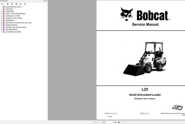Bobcat Small Articulated Loader L23 Service Manual 7389393 2020