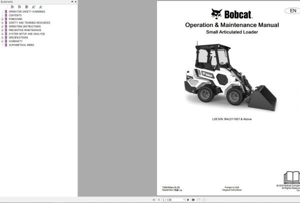 Bobcat Small Articulated Loader L28 Operation and Maintenance Manual 7389399 2020