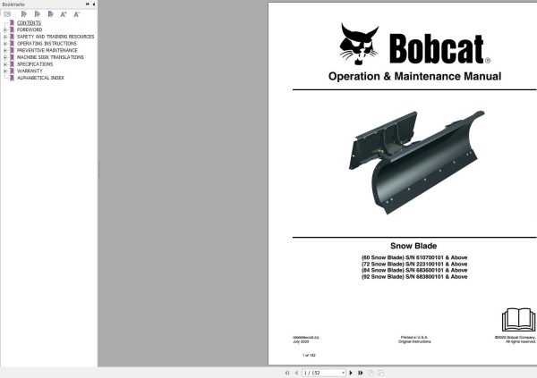 Bobcat Snow Blade 60 72 84 92 Operation and Maintenance Manual 6900659 07.2020