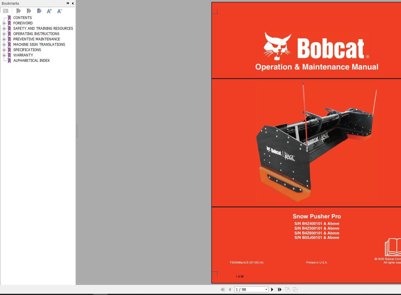 Bobcat Snow Pusher Pro Operation and Maintenance Manual 7393096 07.2020