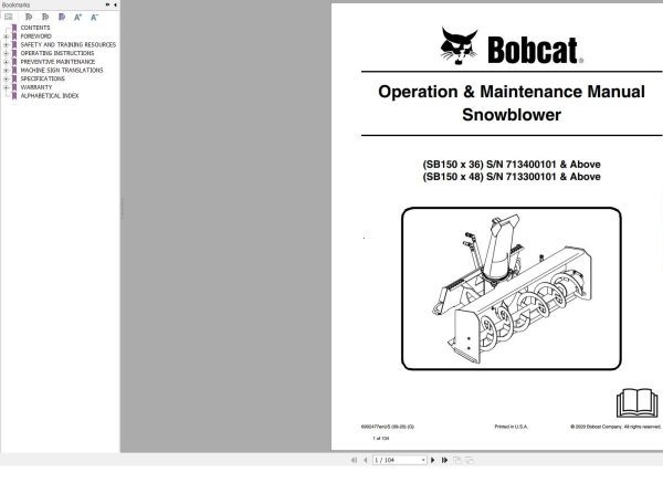 Bobcat Snowblower SB150x36 SB150x48 Operation and Maintenance Manual 6902477 09.2020