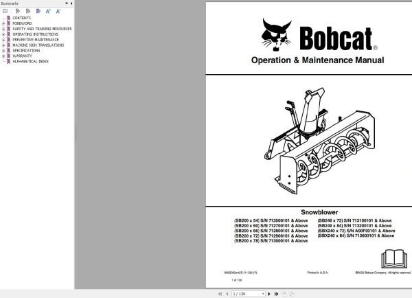 Bobcat Snowblower SB200x54 to SBX240x84 Operation and Maintenance Manual 6902052 11.2020