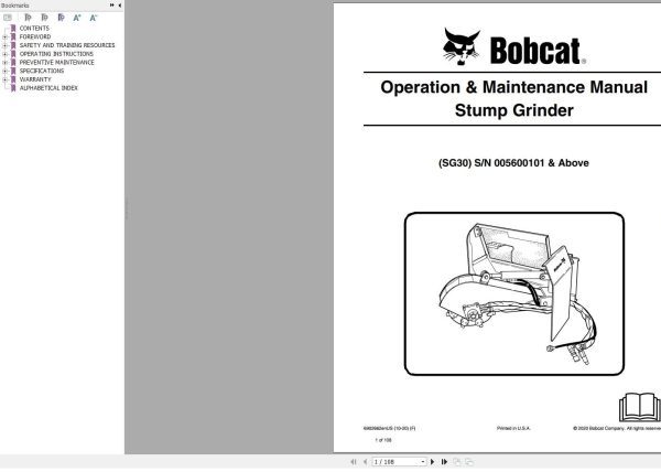 Bobcat Stump Grinder SG30 Operation and Maintenance Manual 6902662 10.2020