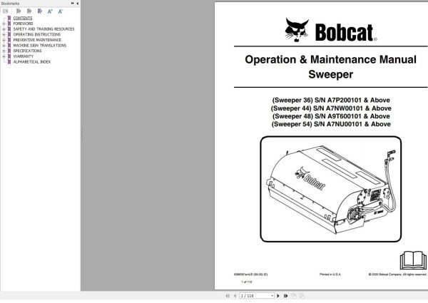 Bobcat Sweeper 36 44 48 54 Operation and Maintenance Manual 6986561 09.2020