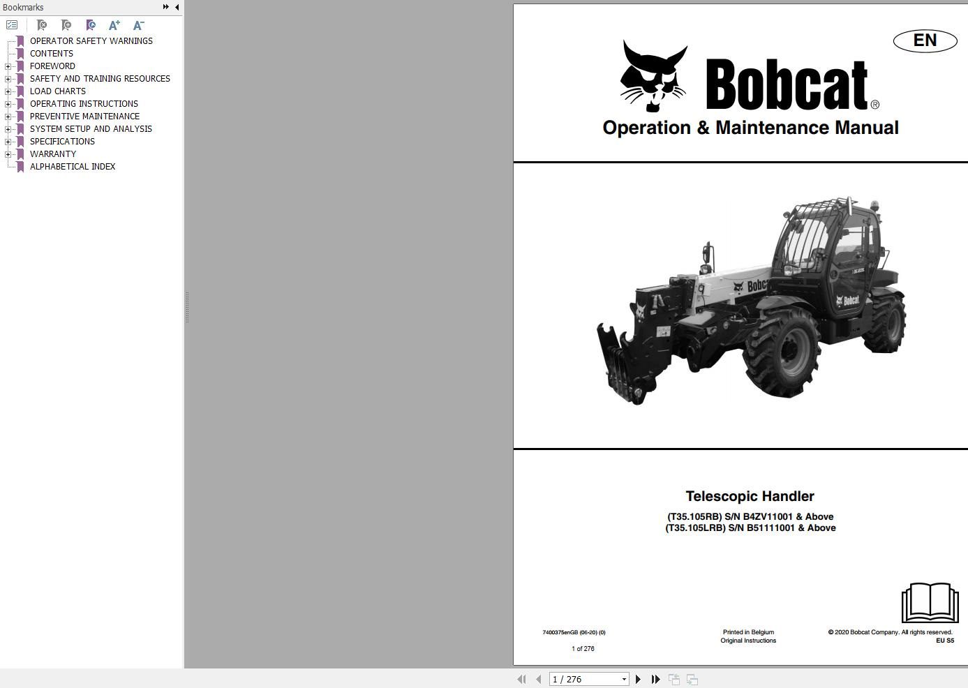Bobcat Telescopic Handler T35105 Operation and Maintenance Manual 7400375 2020