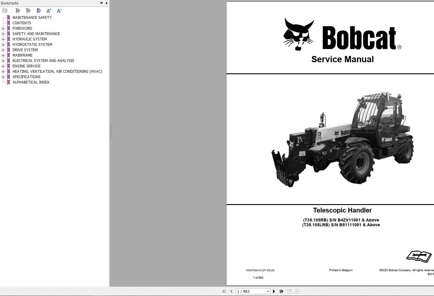 Bobcat Telescopic Handler T35105 Service Manual 7400376 2020