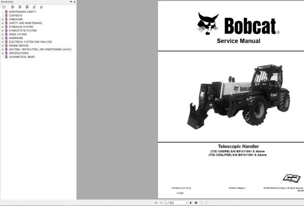 Bobcat Telescopic Handler T35130S Service Manual 7400386 2020