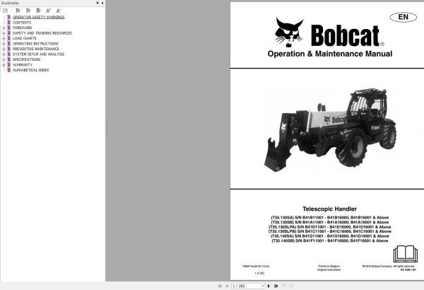 Bobcat Telescopic Handler T35130S T35140S Operation and Maintenance Manual 2019