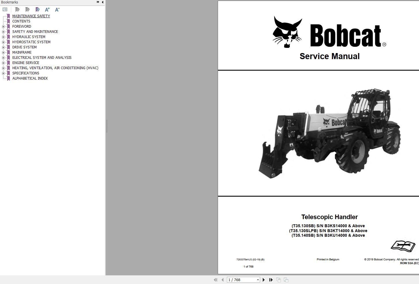Bobcat Telescopic Handler T35130S T35140S Service Manual 7283375 2019