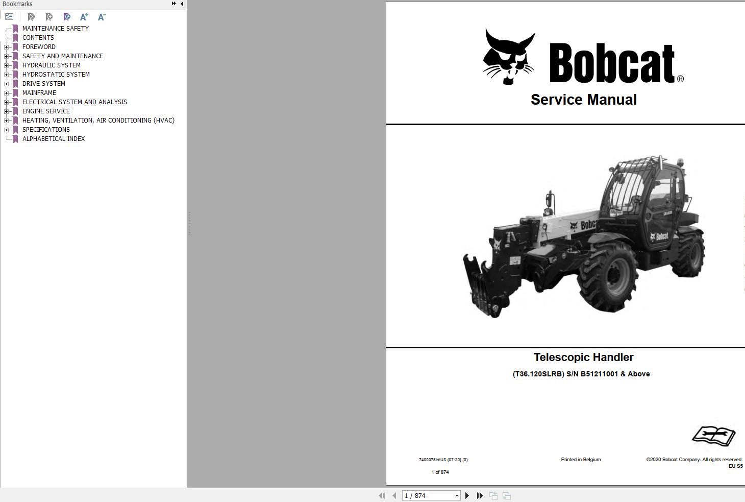 Bobcat Telescopic Handler T36120SL Service Manual 7400378 2020