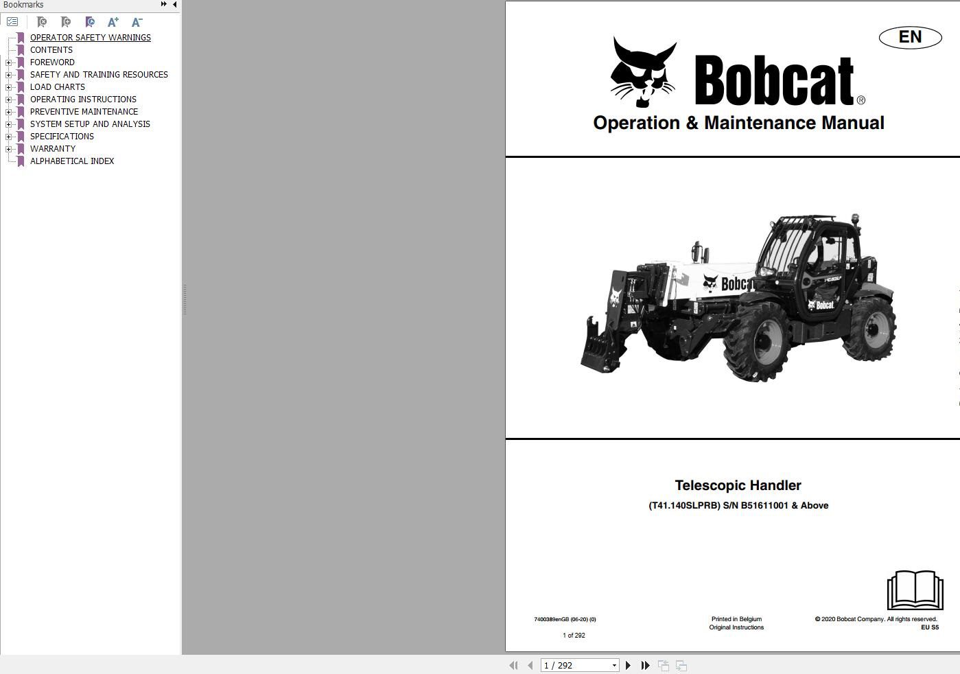Bobcat Telescopic Handler T41140 Operation and Maintenance Manual 7400389 2020