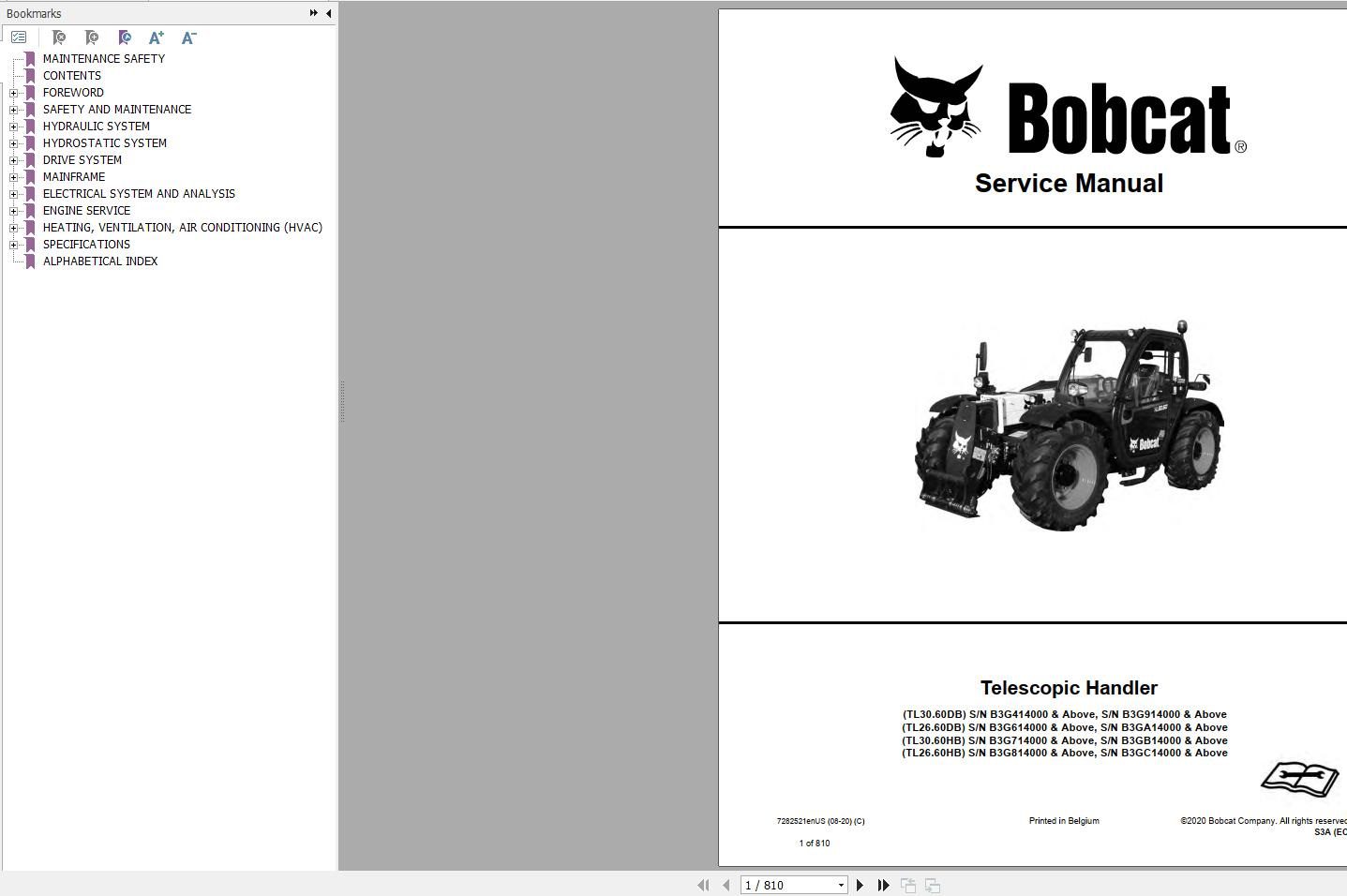 Bobcat Telescopic Handler TL2660 TL3060 Service Manual 2020