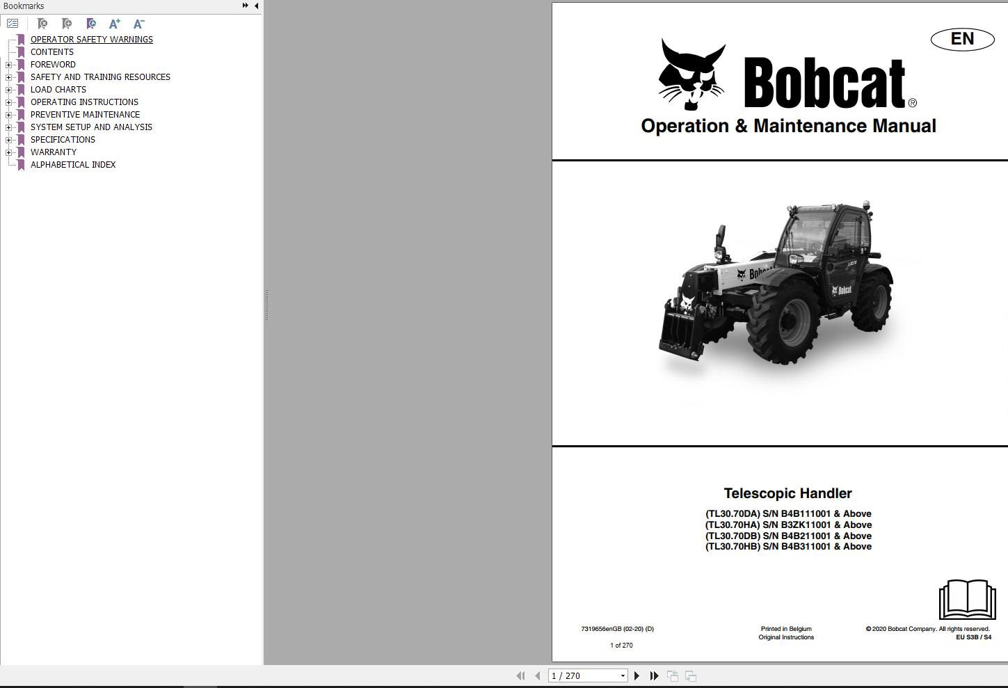 Bobcat Telescopic Handler TL3070 Operation and Maintenance Manual