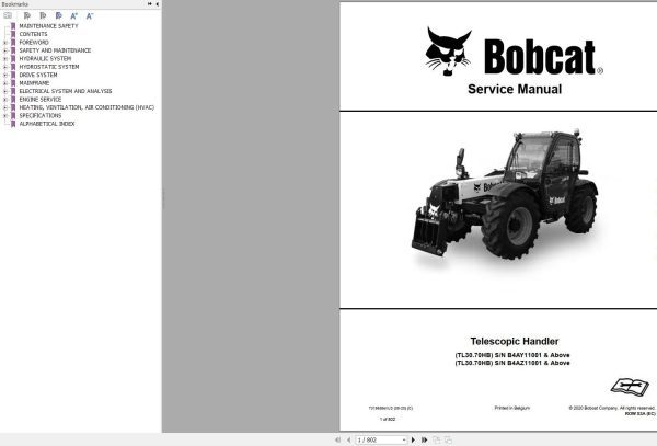 Bobcat Telescopic Handler TL3070 Service Manual 2020