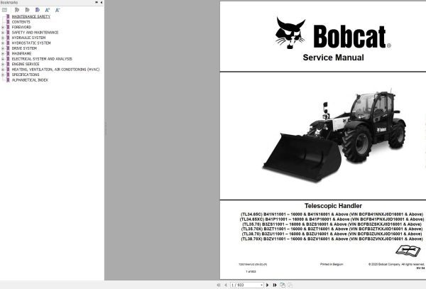 Bobcat Telescopic Handler TL3465 TL3570 TL3870 Service Manual 7283184 2020