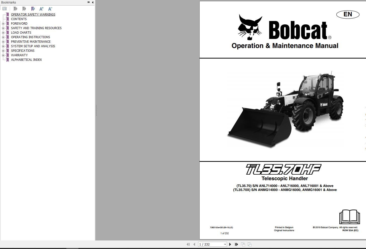 Bobcat Telescopic Handler TL3570 Operation and Maintenance Manual 2019