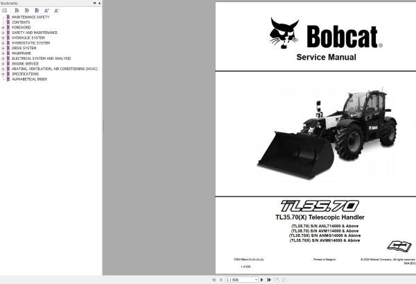 Bobcat Telescopic Handler TL3570 Service Manual 7283169 2020