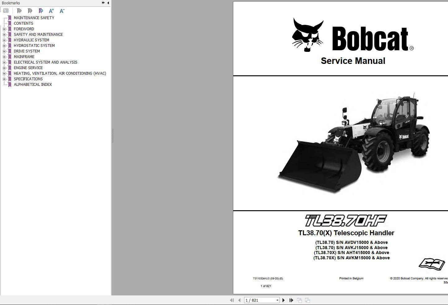 Bobcat Telescopic Handler TL3870 Service Manual 7311032 2020