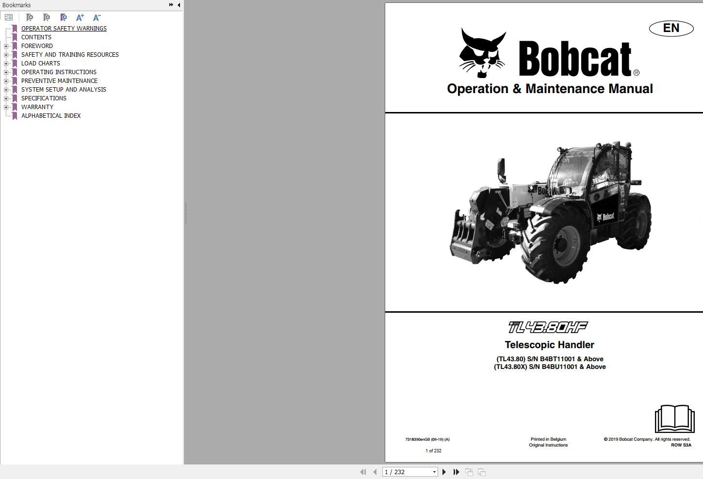 Bobcat Telescopic Handler TL4380 Operation and Maintenance Manual
