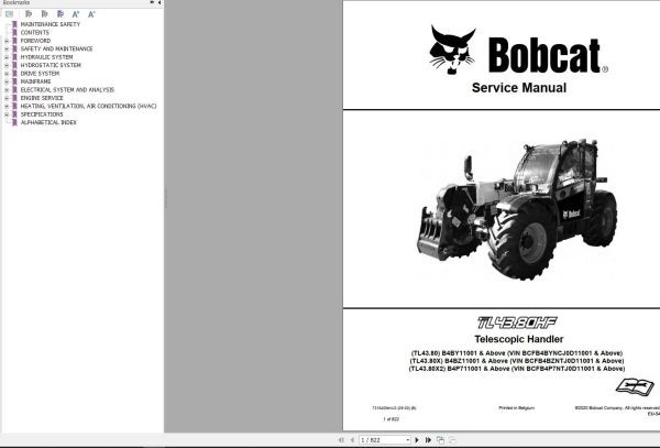 Bobcat Telescopic Handler TL4380 Service Manual 2020