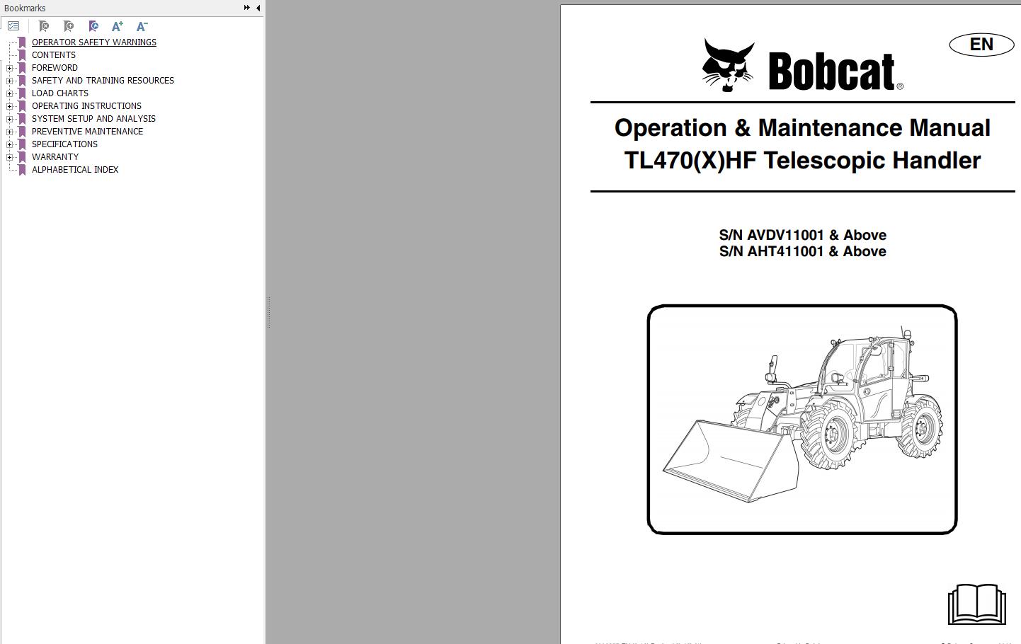 Bobcat Telescopic Handler TL470HF Operation and Maintenance Manual 6990357 2012