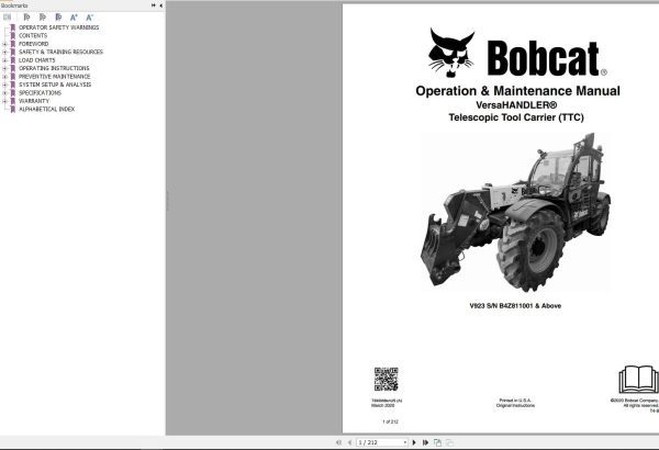 Bobcat Telescopic Tool Carrier V923 Operation and Maintenance Manual 7399968 2020