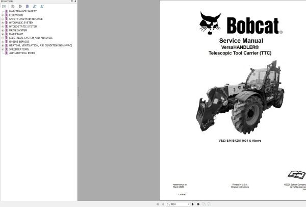 Bobcat Telescopic Tool Carrier V923 Service Manual 7399970 2020