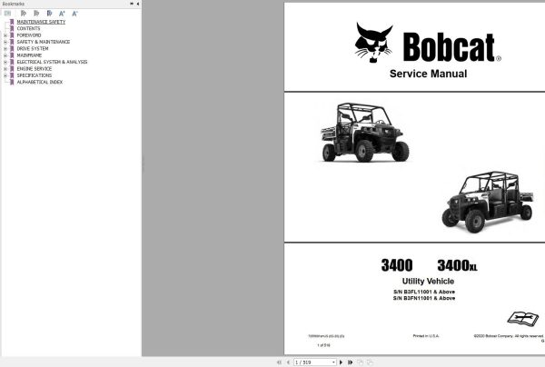 Bobcat Utility Vehicle 3400 3400xl Service Manual 2020
