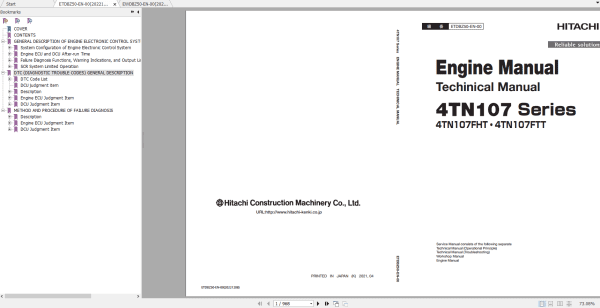 Hitachi Yanmar 4TN107 Series Engine Workshop Technical Manual 1