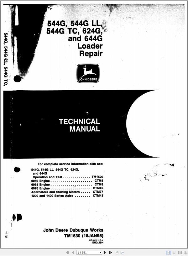 John Deer Loader 544G to 644G Repair Manual TM1530