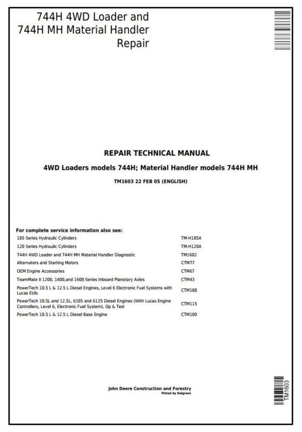 John Deere 744H 4WD 744H MH Repair Technical Manual TM1603 1