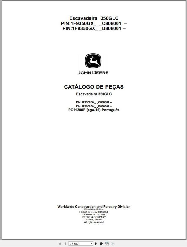 John Deere Bulldozer 350GLC Parts Catalog PC11300P