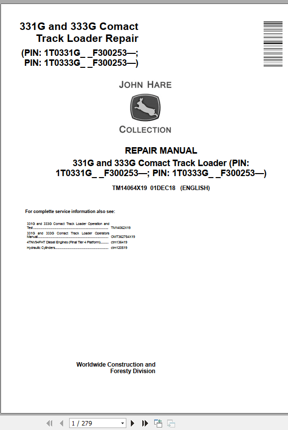 John Deere Comact Track Loader 331G 333G Repair Manual TM14064X19