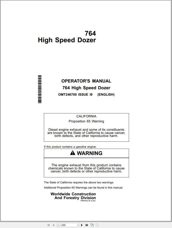 John Deere High Speed Dozer 764 Operators Manual OMT246700 1