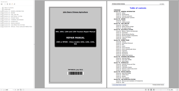 John Deere Tractors 904 1054 1204 1354 1404 China Repair Manual TM700619 1