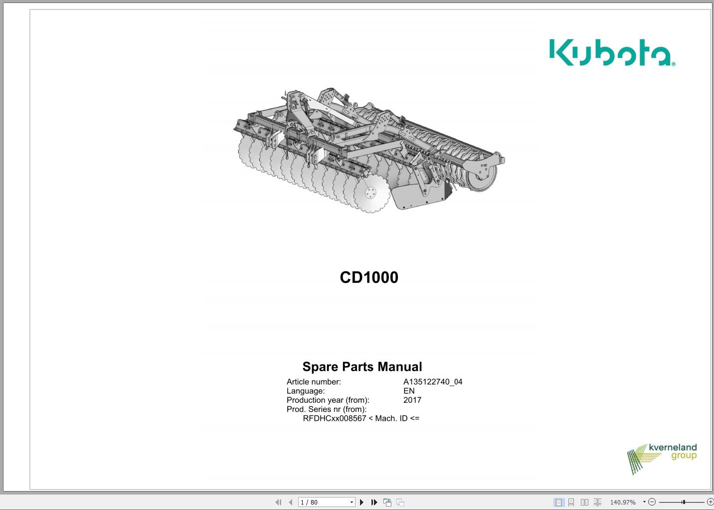 Kubota Compact Disc Harrow CD1000 Spare Parts Manual 2017