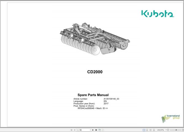 Kubota Compact Disc Harrow CD2000 Spare Parts Manual 2017