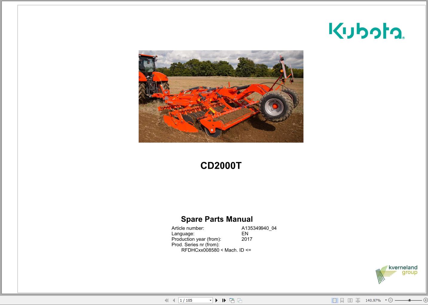Kubota Compact Disc Harrow CD2000T Spare Parts Manual 2017
