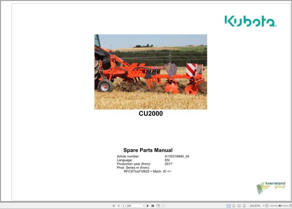Kubota Cultivators CU2000 Spare Parts Manual 2017